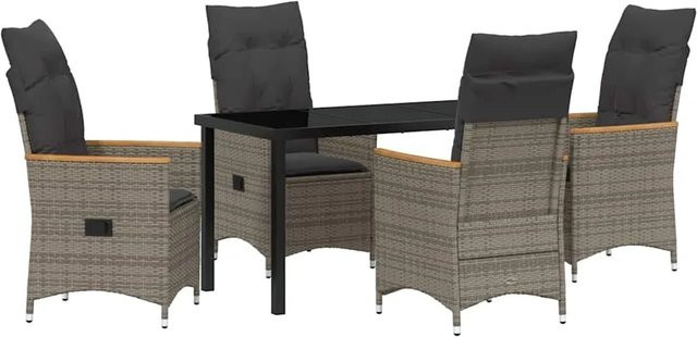 vidaXL Garten Essgruppe aus Poly Rattan und Stahl mit Kissen und Sicherheitsglas in Grau, 5-teilig - Bild 1