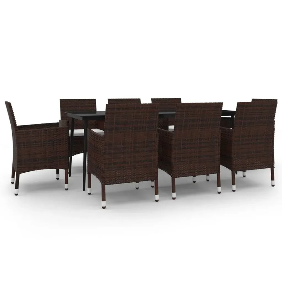 vidaXL 9-teilige Garten-Essgruppe aus Poly-Rattan mit Glasplatte und Kissen in Braun und Schwarz - Bild 2