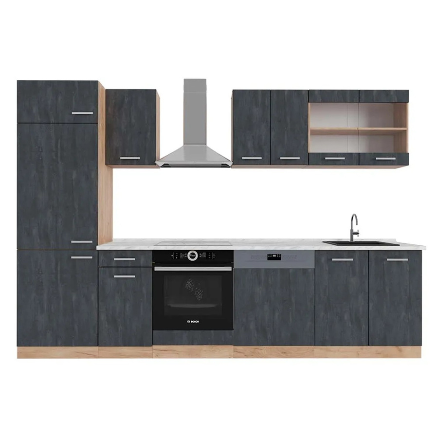 Vicco Küchenzeile R-Line in Schwarz Beton Eiche mit weißer Marmor Arbeitsplatte, Breite: 300 cm - Bild 2