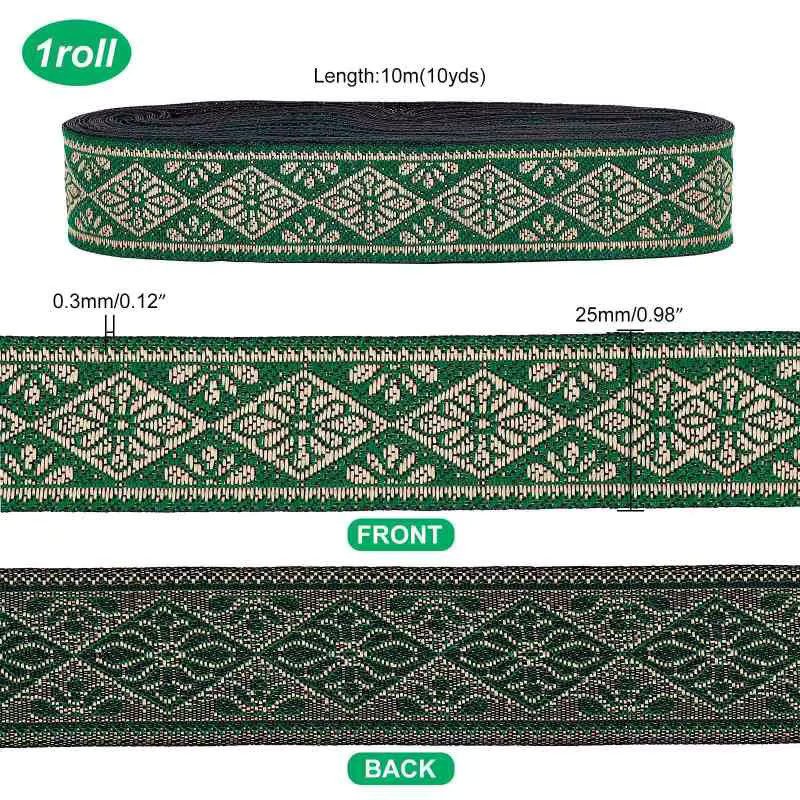 Vintage-Jacquardband in Grün mit geometrischer Stickerei und Fransen, 9 Yards, Breite: 2,5 cm - Bild 2