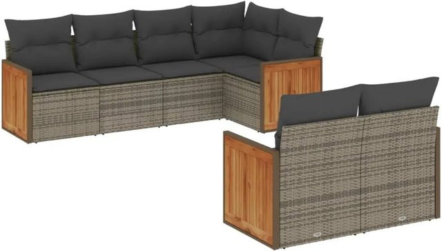 vidaXL 7-tlg. Garten-Sofagarnitur in L-Form aus Poly-Rattan und Akazienholz in Dunkelgrau mit Kissen und Stauraum - Bild 1