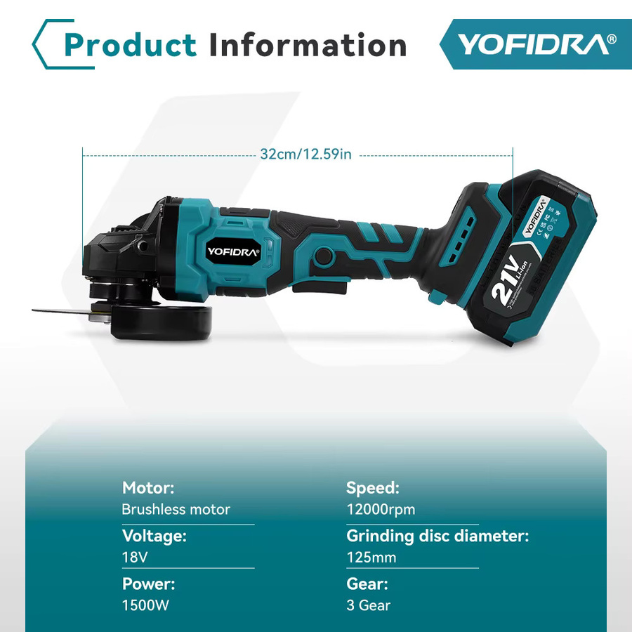 YOFIDRA Bürstenloser Winkelschleifer 125mm mit 3-Gang-Schleifmaschine als Polier- und Schneidwerkzeug für Holzbearbeitung, kompatibel mit Makita 21V Akku - Bild 6