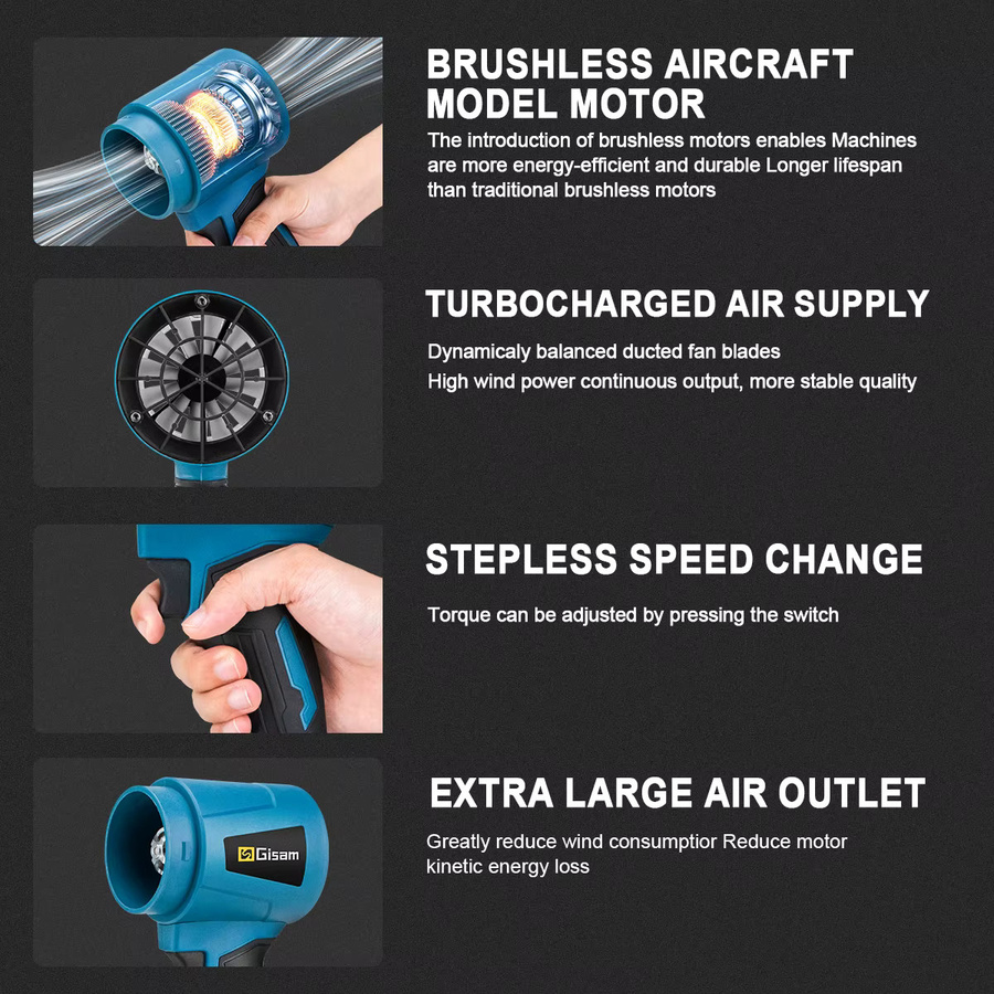 Gisam Bürstenloser Elektrischer Turbo-Gebläseventilator für Makita 18V Akku, Kabelloser Handgehaltener Laubbläser und Staubbläser in Blau - Bild 6