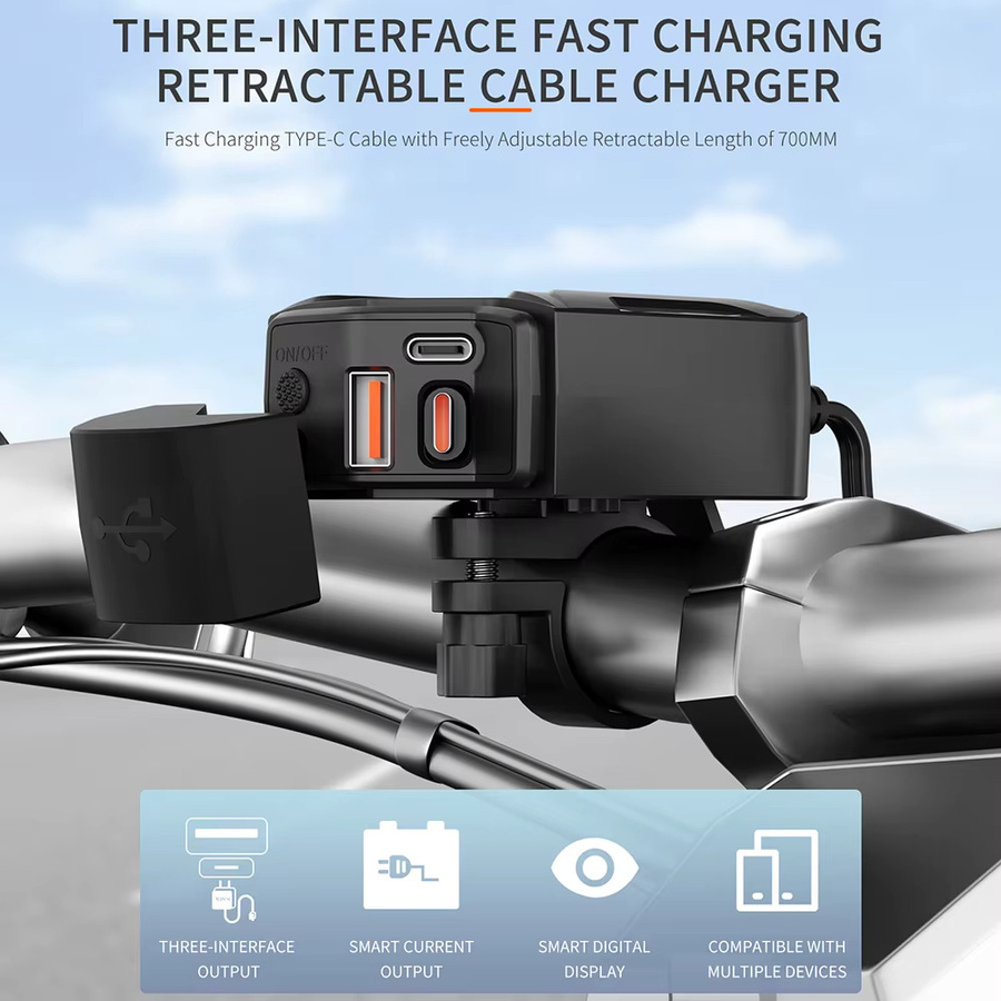 Extractme 78W Motorrad-Schnellladegerät mit PD+QC3.0, digitalem Voltmeter und einziehbarem Kabel in Schwarz - Bild 2