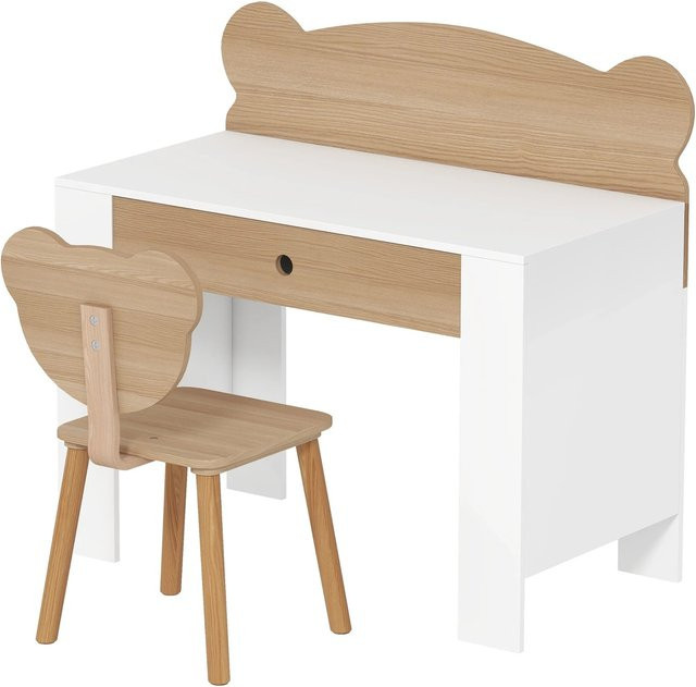 AIYAPLAY Kinderschreibtisch Set mit Tisch und Stuhl aus Kiefernholz und MDF in Natur und Weiß - Bild 1