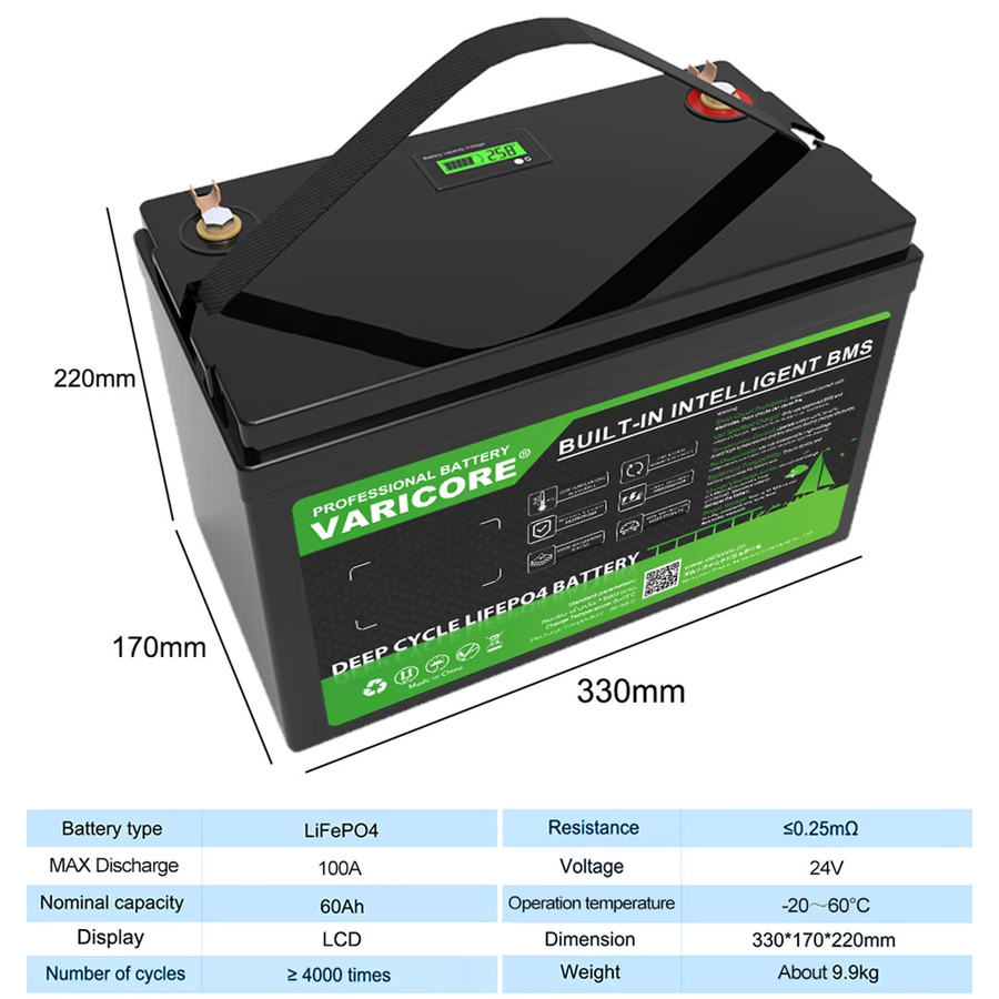 VariCore 24V 60Ah LiFePO4 Lithium-Eisenphosphat-Batterie mit 29,2V 5A Ladegerät in Schwarz für Wohnmobil und Camping - Bild 2