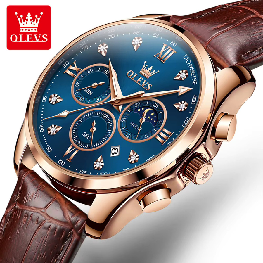OLEVS Armbanduhr Chronograph, Quarz, Leder, Blau, Herren - Bild 6