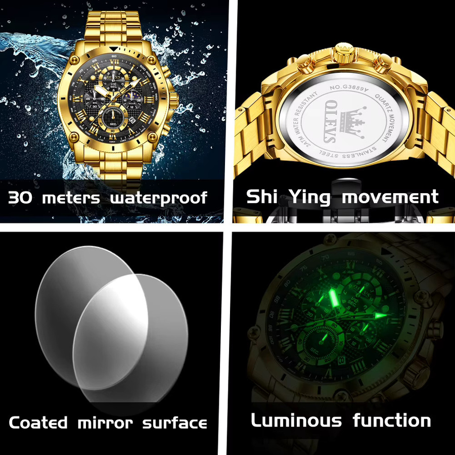 OLEVS Armbanduhr, Quarz, Edelstahl, Gold, Blau, Herren - Bild 6