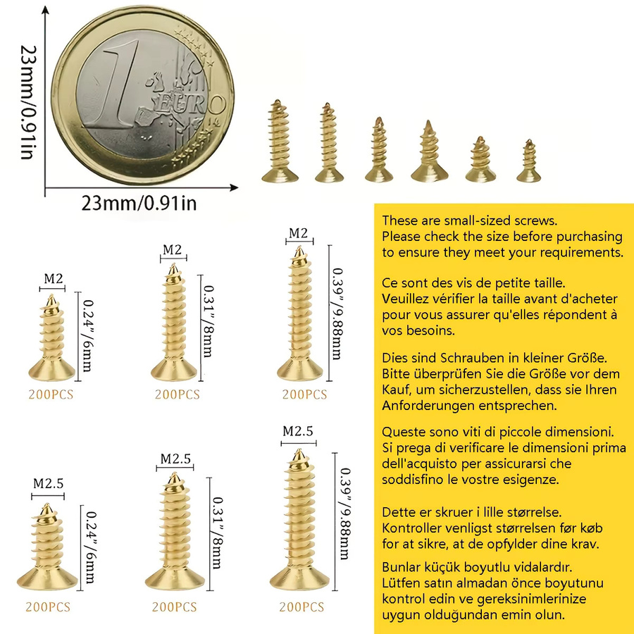 Zimir Messing Mikro-Schrauben Set mit 1200 Stück Flachkopf-Holzschrauben in Gold für Modellbau und Feinmechanik - Bild 2