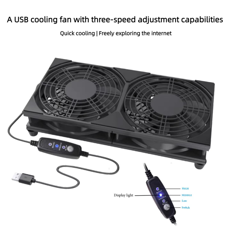 AuyiHomu Dualer USB-Lüfter in Schwarz mit 3-Stufen-Geschwindigkeitsregelung für Router, PC und Spielekonsole - Bild 2