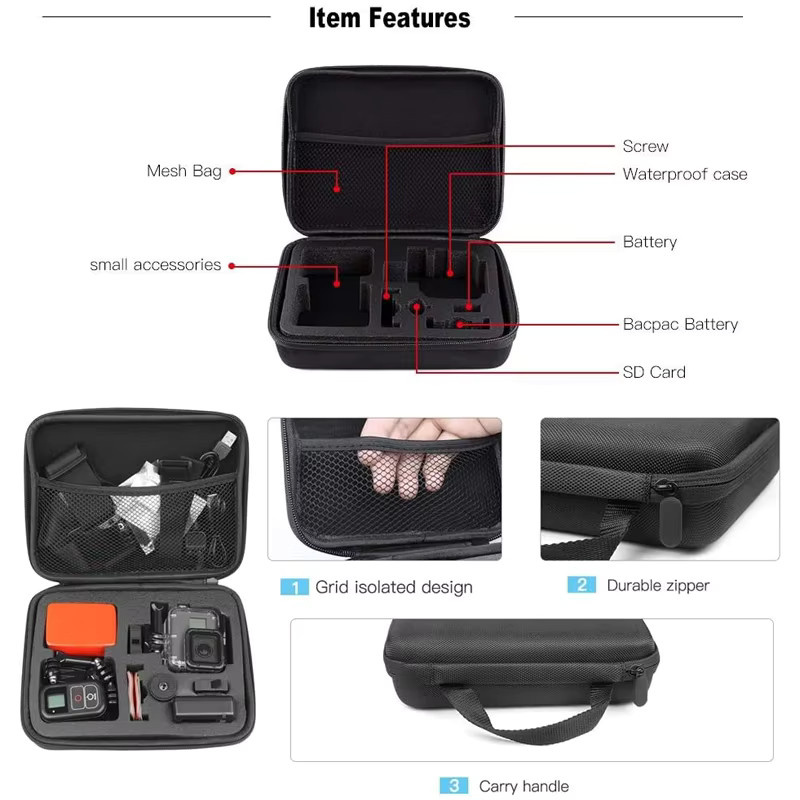 EXSKOF Tragbare Aufbewahrungstasche für Action-Kameras wie GoPro Hero, Insta360, SJCAM, AKASO und DJI Osmo Action, Farbe: Schwarz - Bild 2