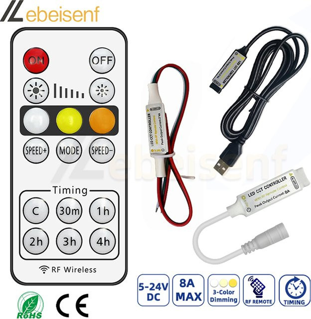 Lebeisenf RF Wireless LED Dimmer mit Fernbedienung für CCT 5050 Streifenlicht, PWM Controller für 5V 12V 24V DC USB 3 Pin, Farbtemperatur 2700-6500K - Bild 1
