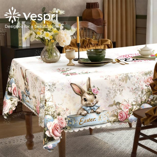 Vespri Oster-Tischdecke aus Polyester mit floralem Hase- und Rosenblüten-Design in Weiß und Rosa für runde Tische - Bild 1