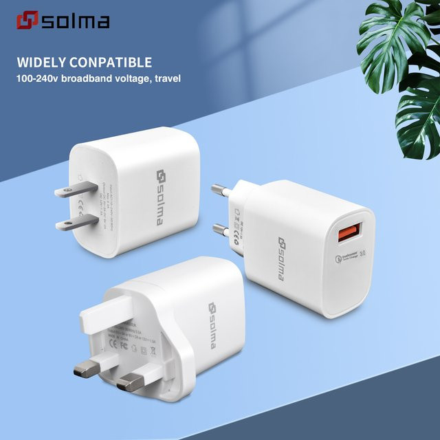 Solma 2er-Pack USB-Wandladegerät mit QC3.0-Schnellladefunktion für Mobiltelefone, EU/UK-Stecker, Weiß - Bild 1