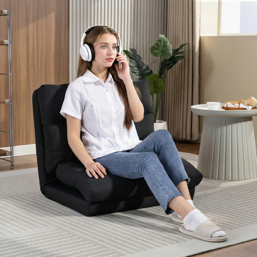 Aosom HOMCOM Bodensessel 1-Sitzer als wandelbares Bett mit 5-fach verstellbarer Rückenlehne, Schwarz, B: 70 cm, T: 72 cm, H: 56 cm - Bild 1