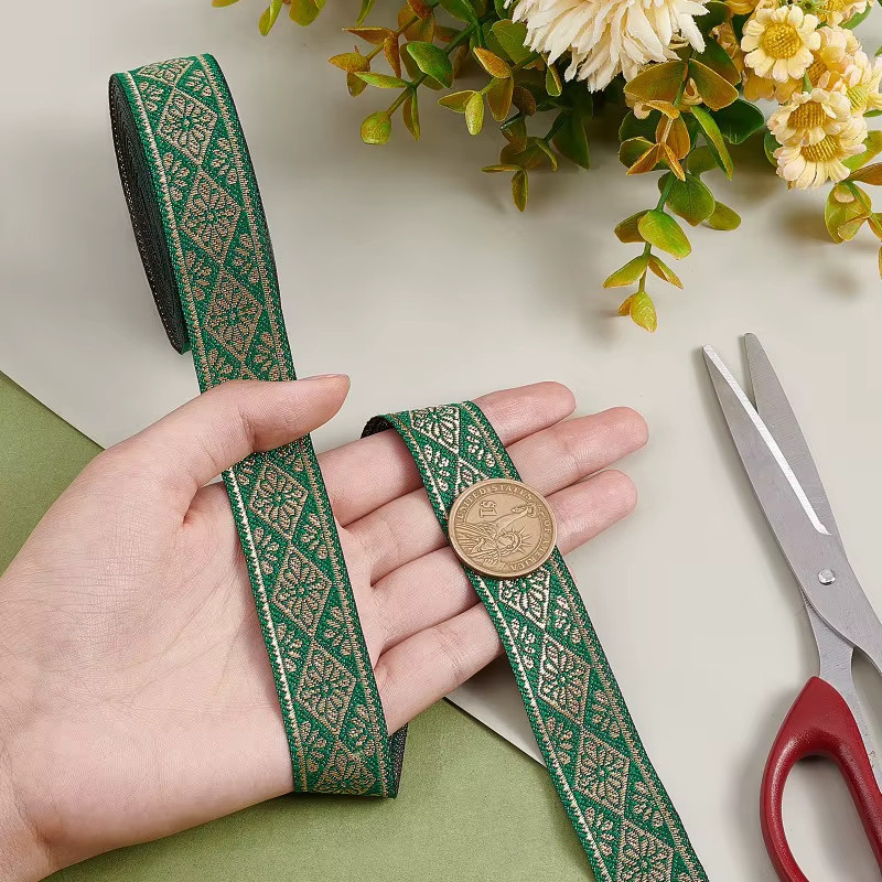 Vintage-Jacquardband in Grün mit geometrischer Stickerei und Fransen, 9 Yards, Breite: 2,5 cm - Bild 5
