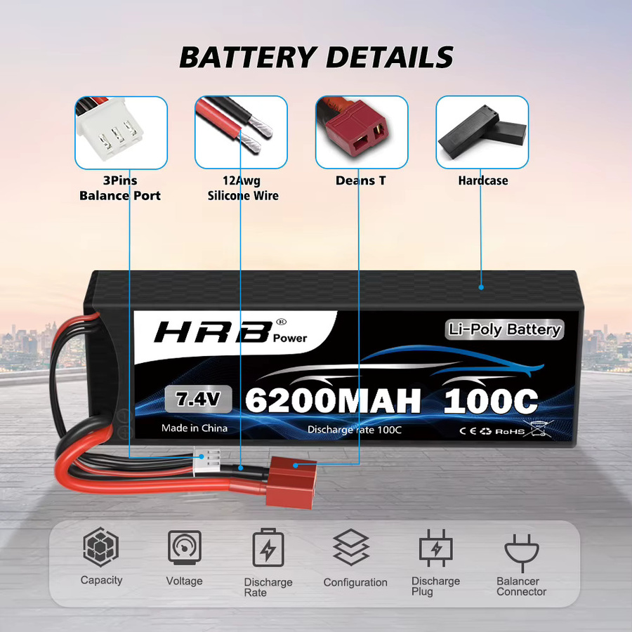 HRB 2S Lipo Akku 7,4 V 6200mAh 100C mit Deans T Stecker Hardcase in Schwarz für RC Autos, LKWs und Monster Trucks - Bild 3