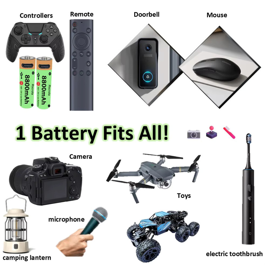 Rscrola AA-Akku mit 8800 mAh in Grün, Lithium-Batterie mit USB-C Schnellladung für Kamera, Uhr und Lampe - Bild 6