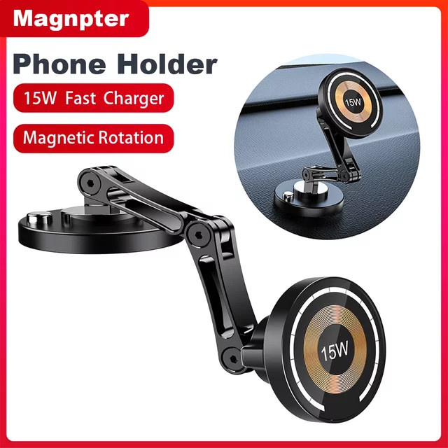 Magnpter Magnetischer Autotelefonhalter mit kabellosem Ladegerät und Rotationsfunktion in Schwarz für MagSafe iPhone und Samsung - Bild 1