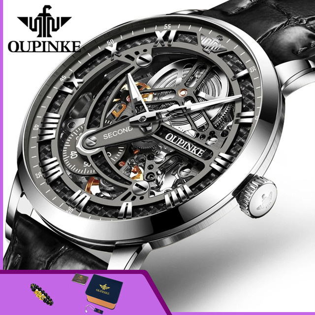 OUPINKE Armbanduhr, Automatik, Edelstahl, Leder, Schwarz, Herren - Bild 1