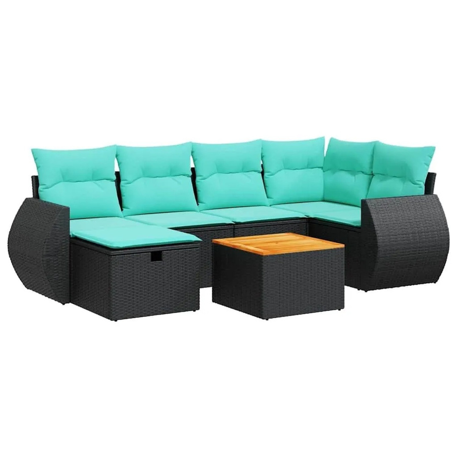 vidaXL 7-teilige Garten-Sofagarnitur in L-Form aus Poly-Rattan mit Kissen und Tisch in Schwarz - Bild 2