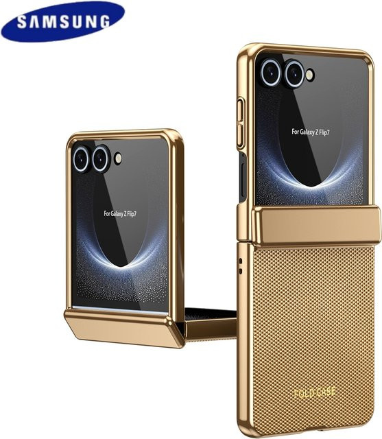 Samsung Galaxy Z Flip Schutzhülle mit mattem AG-Glas, Scharnier-Vollschutz und Frontfolie in Orange und Gold - Bild 1