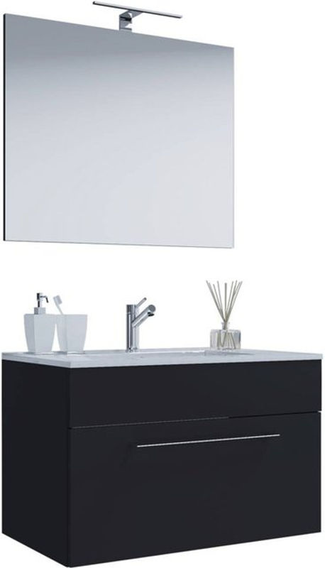 VCM Badinos 3-tlg. Badmöbel Set hängend in Schwarz mit Keramik-Waschtisch und Spiegel B/H/T: 80 x 50 x 46 cm - Bild 2