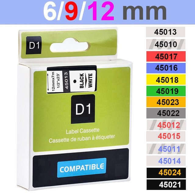 Mehrfarbige Etikettenbänder kompatibel mit Dymo D1, Thermoband für Dymo LM160 und LM280, erhältlich in 6mm, 9mm, 12mm, 19mm und 24mm - Bild 1