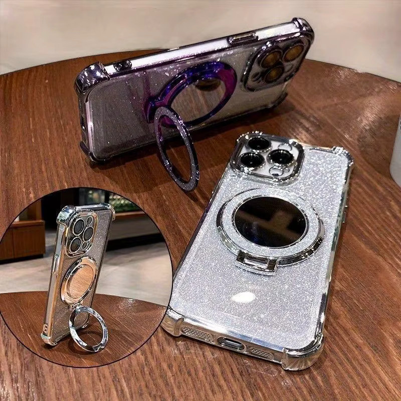 Gusakov Glitzer-Farbverlauf-Handyhülle für iPhone 11 bis 16 Pro Max Plus, Magnetisch mit Spiegel und Anti-Fall-Schutz, Farbe: Mehrfarbig/Pink - Bild 3