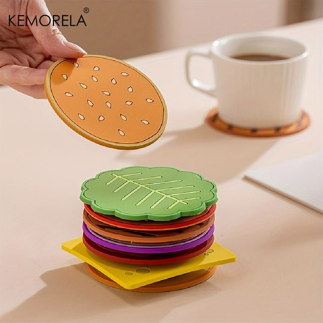 KEMORELA Burger Coaster Set aus Silikon, 8-teilige isolierende Untersetzer in Mehrfarbig, runde Tassenpads für Küche und Bar - Bild 1