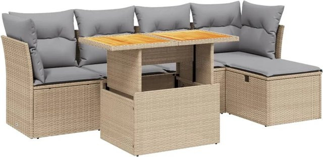 vidaXL 6-tlg Garten-Sofagarnitur in L-Form mit Kissen und Couchtisch, Beige, Poly Rattan und Metallgestell - Bild 1