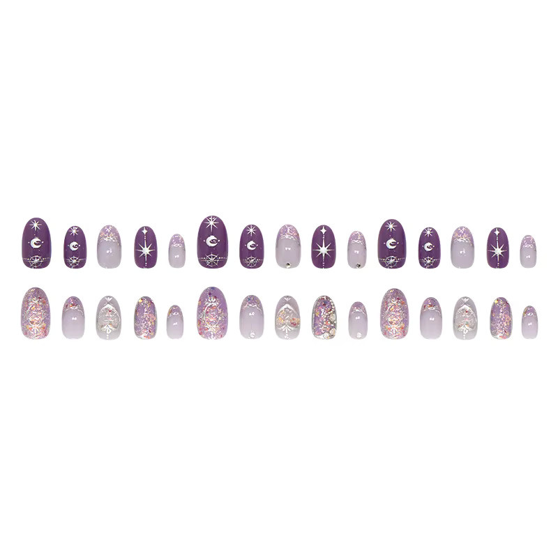 YADORNOS Press on Nails, Lila, Glänzend, Stern Mond Kristall Pailletten, 30 Stück - Bild 3