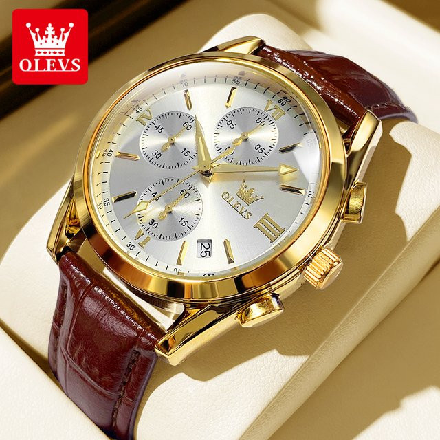 Olevs Chronograph Armbanduhr, Quarz, Leder, Gold, Herren - Bild 1