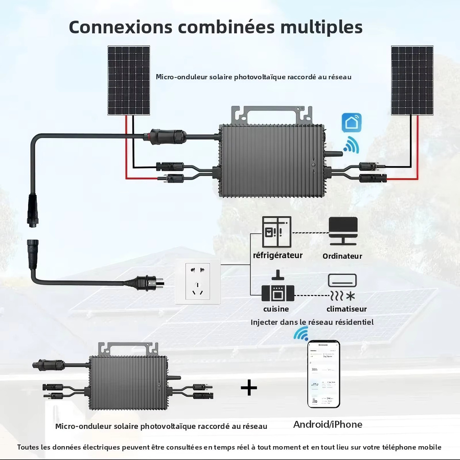 Kjeanuu 1000W Solar-Mikro-Stromversorgungskonverter mit MPPT-Technologie, IP67 wasserdichtem Design und WLAN-Überwachung für dein Mobiltelefon, Schwarz - Bild 2