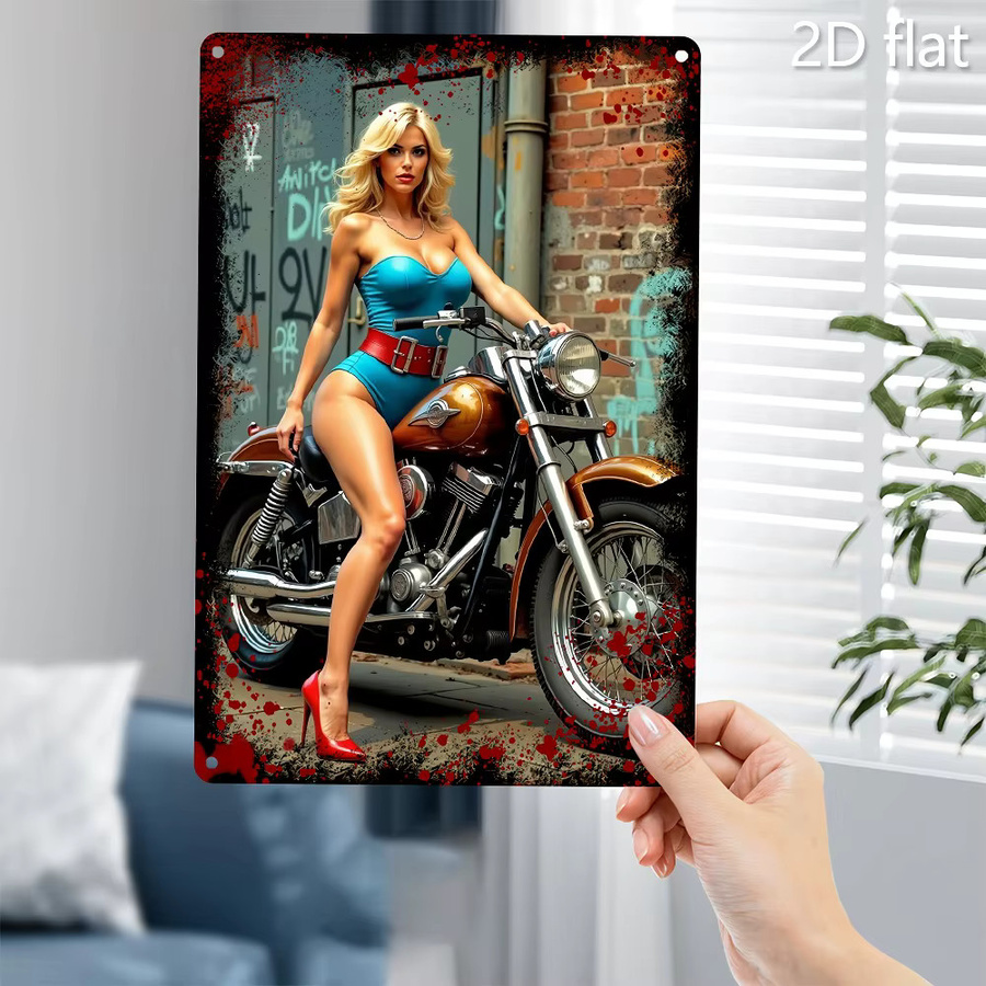 CIFBUY Retro Motorrad Metall-Wandkunst Vintage Garagendekoration mit blonder Fahrerin auf rotem Motorrad, Blau und Rot, Metall - Bild 2