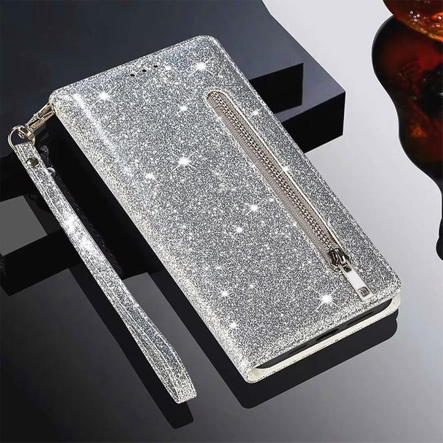Glitzernde iPhone Hülle mit Reißverschluss und Geldbörse Funktion in Silber für verschiedene iPhone Modelle mit Rundumschutz - Bild 1