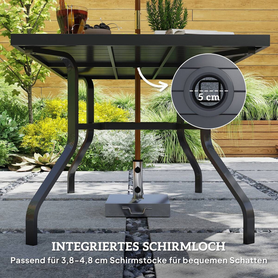 Outsunny Gartentisch aus Stahl in Schwarz mit Latten-Design und Schirmloch, wetterfester Esstisch für Garten und Balkon, B/T/H: 152 x 90 x 74 cm - Bild 5