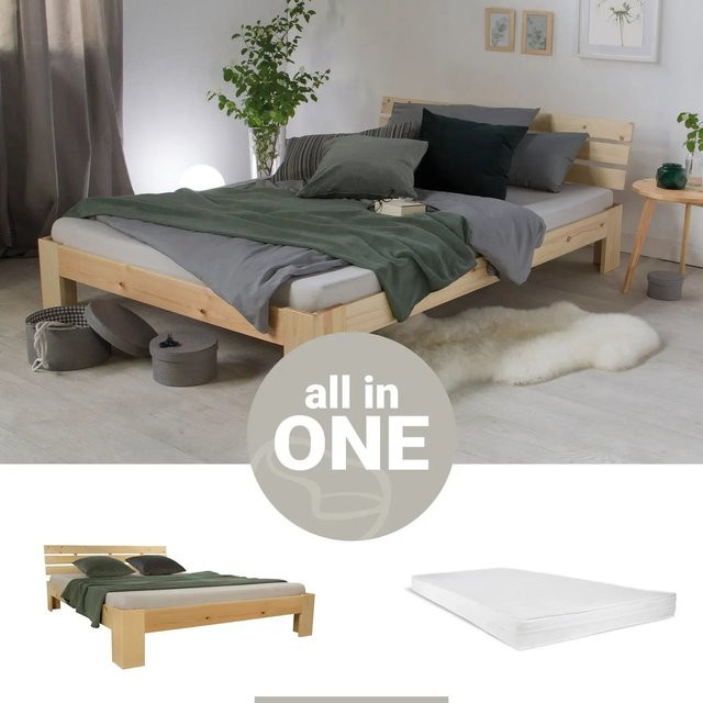 Homestyle4u Holzbett aus Kiefer mit Lattenrost und Schaumstoffmatratze in Braun, B/T/H: 144 x 204 x 66 cm - Bild 1