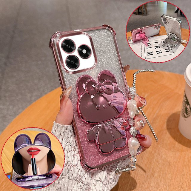 Glitzernde Honor Handyhülle mit 3D-Hasen-Design und Perlenkette in Pink - Bild 1