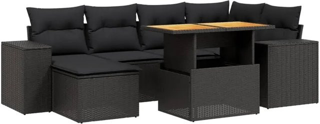 vidaXL 7-teilige Garten-Sofagarnitur aus Poly-Rattan und Akazienholz in Schwarz mit Kissen - Bild 1