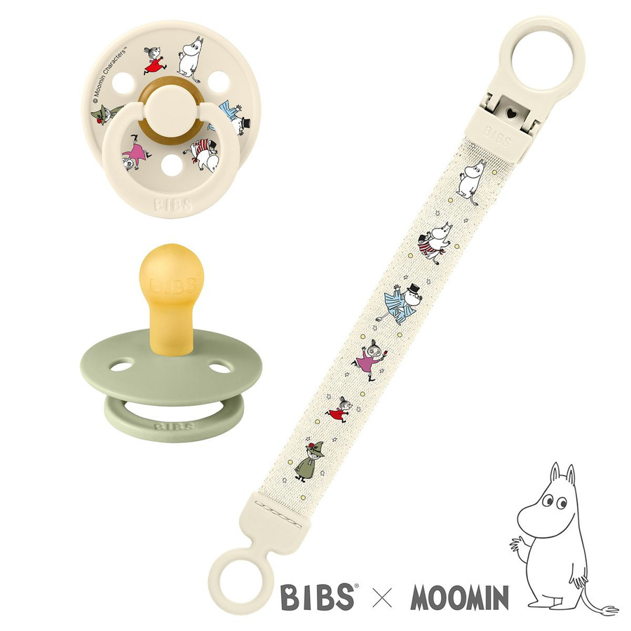 BIBS Geschenk-Set Moomin Friends mit 2 Latex-Schnullern und Schnullerband, Farbe Ivory/Sage, Größe 6-18 Monate - Bild 1