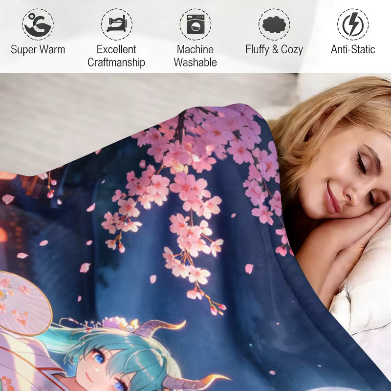 Hatsune Miku Kimono Drachen Flanell-Überwurfdecke in Multicolour, weiche Fleece-Decke mit floralem Design für Sommer und Reise - Bild 4