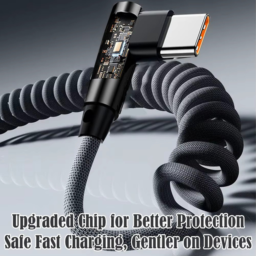 120W USB Typ-C Schnelllade-Spiralkabel in L-Form mit 90-Grad-Stecker, einziehbares Federkabel für Auto, Gaming und Mobiltelefone, Schwarz - Bild 2