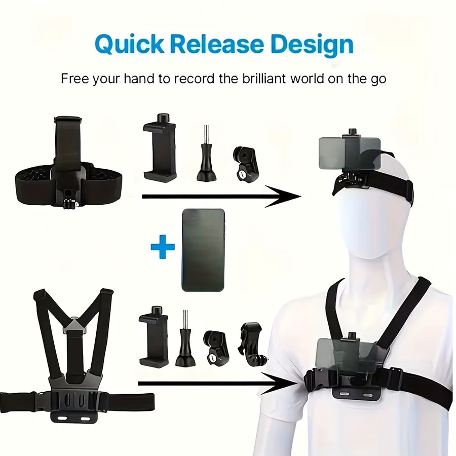 EXSKOF Handy-Kopf- und Brustgurt-Halterung Kit mit Handy-Clip in Schwarz für iPhone, Samsung und Action-Kameras wie GoPro, AKASO oder DJI Osmo Action - Bild 2