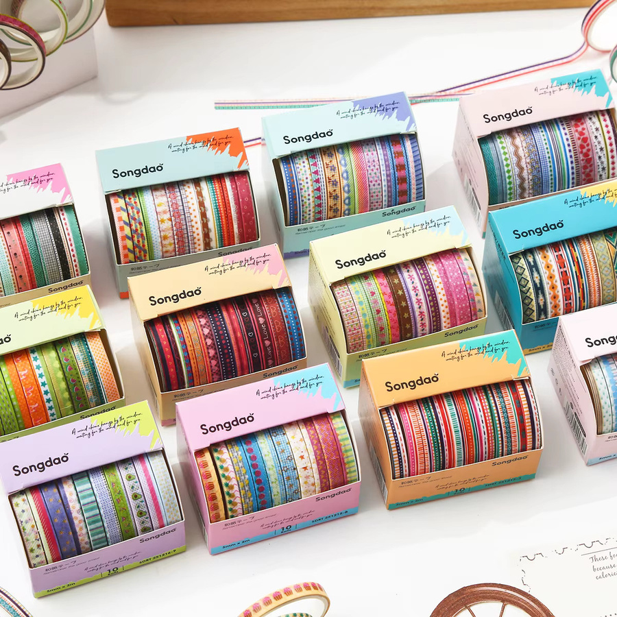 10 Rollen Retro-gestreiftes Washi-Tape-Set in Multicolour, handgefertigtes Masking-Tape aus Papier für Scrapbooking und DIY-Journaling - Bild 3