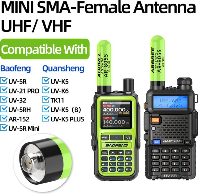 ABBREE AR-805S Mini Walkie Talkie Antenne High Gain Dual Band mit SMA-Buchse in Grün für Baofeng UV-5R Mini UV-21 PRO UV-32 - Bild 1