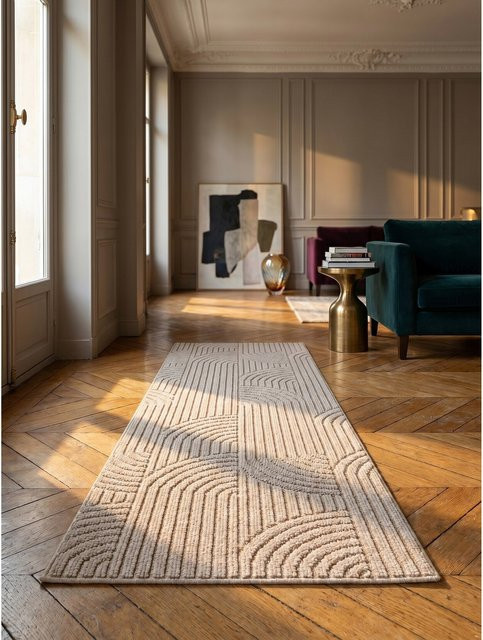 Flachgewebe-Teppich Kadima Design in Beige mit modernem Hoch-Tief-Bögen-Effekt, Breite: 80 cm, Länge: 250 cm - Bild 1