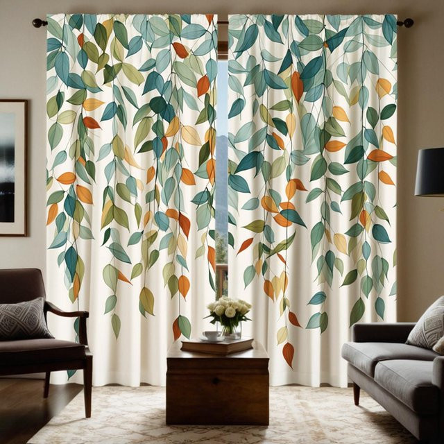 2er-Set Vorhänge mit grünem Blätter-Design von Household supplies MH, halbtransparent, Farbe: Grün, B: 132 cm, H: 160 cm - Bild 1