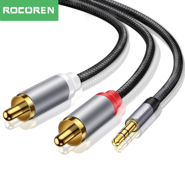 Rocoren Aux-Audiokabel 3,5-mm-Klinkenstecker auf 2 RCA-Adapter in Schwarz und Grau als Stecker-zu-Stecker-Verlängerungskabel und Splitter für TV-Box, Videoverstärker und Lautsprecher - Bild 1