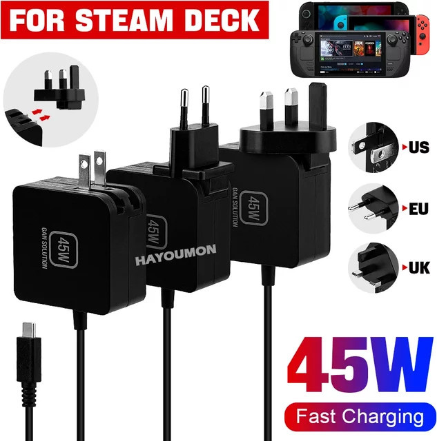 Pogopirate 45 W Schnellladegerät USB-C Netzteil mit PD-Protokoll für Steam Deck und Nintendo Switch, Schwarz - Bild 1